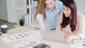 Asian Business Women Feeling Happy Arms Raised Celebrating 7861 1254