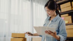Beautiful Smart Asian Young Entrepreneur Business Woman Owner Sme Checking Product Stock 7861 1180