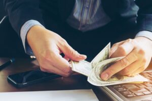 Business Man Counting Dollar Banknote Online Business Concept 1150 6406