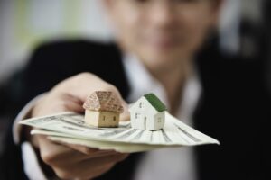 Business Man Show Money Bank Note Make Financial Plan Invite People Sell Buy House Car Monetary Properties Loan Credit Insurance Concept