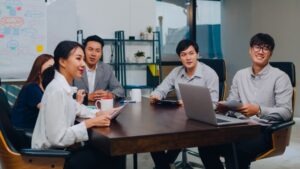 Millennial Asia Businessmen Businesswomen Having Conference Video Call Meeting Brainstorming Ideas About New Project Colleagues Working Together Planning Strategy Enjoy Teamwork Modern Office 7861 2384