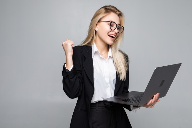 Portrait Young Happy Business Woman With Laptop With Win Gesture 231208 245