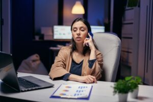 Workaholic Manager Talking With Customer Phone Evening Woman Entrepreneur Working Late Night Corporate Business Doing Overtime Course Phone Call 482257 10250